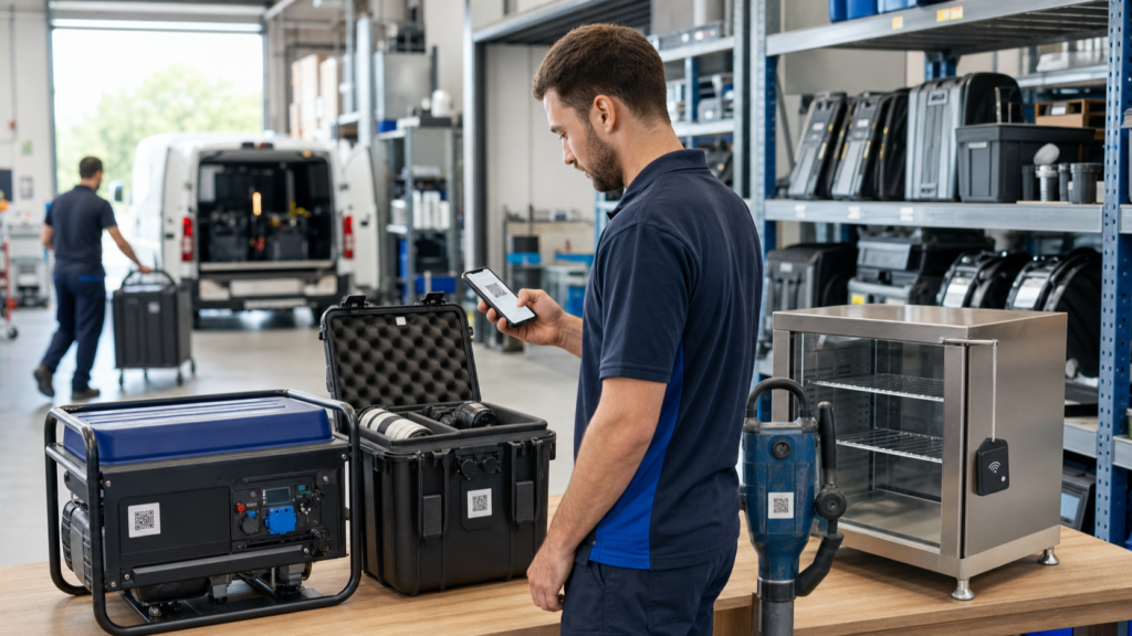Rental equipment being tracked with QR codes and RFID in an organized warehouse