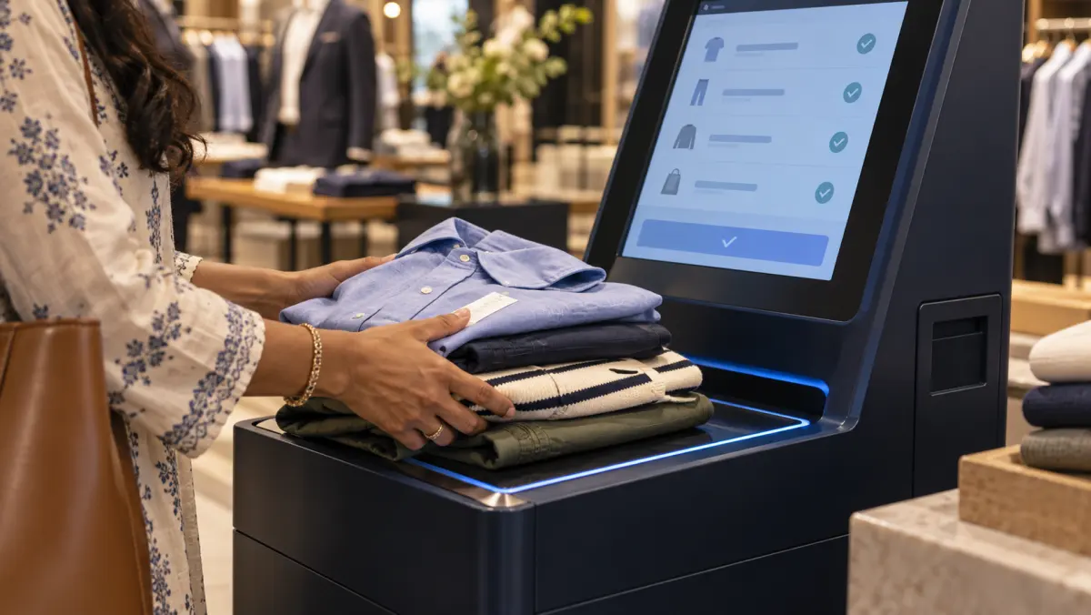 Concept illustration of a shopper placing several garments in an RFID self-checkout read zone