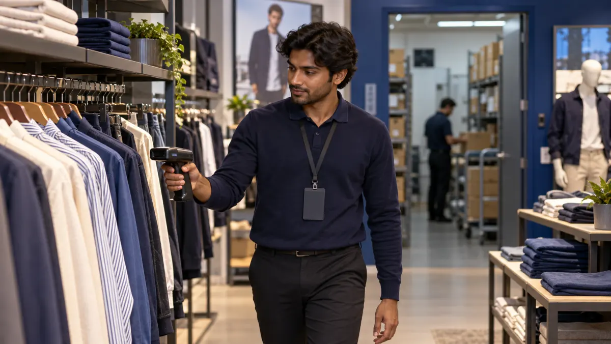Concept illustration of a retail associate counting apparel stock with a handheld RFID reader