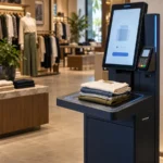 Concept illustration of an RFID self-checkout kiosk with tagged garments in a clothing store