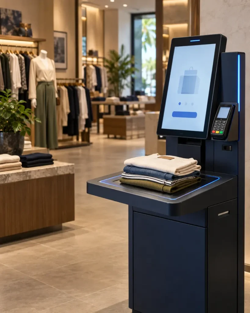 Concept illustration of an RFID self-checkout kiosk with tagged garments in a clothing store